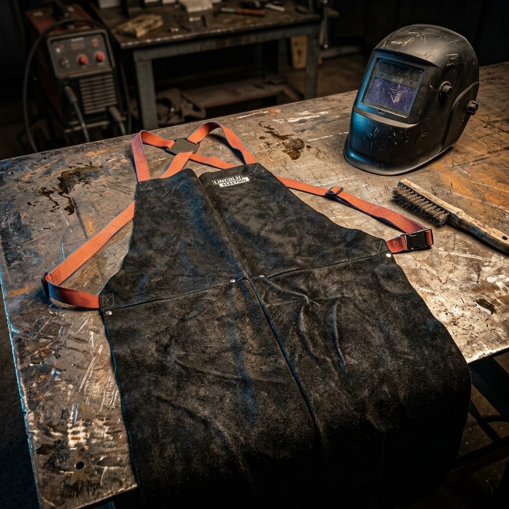 Lincoln leather welding apron with orange straps on a metal workbench with a welding helmet and wire brush