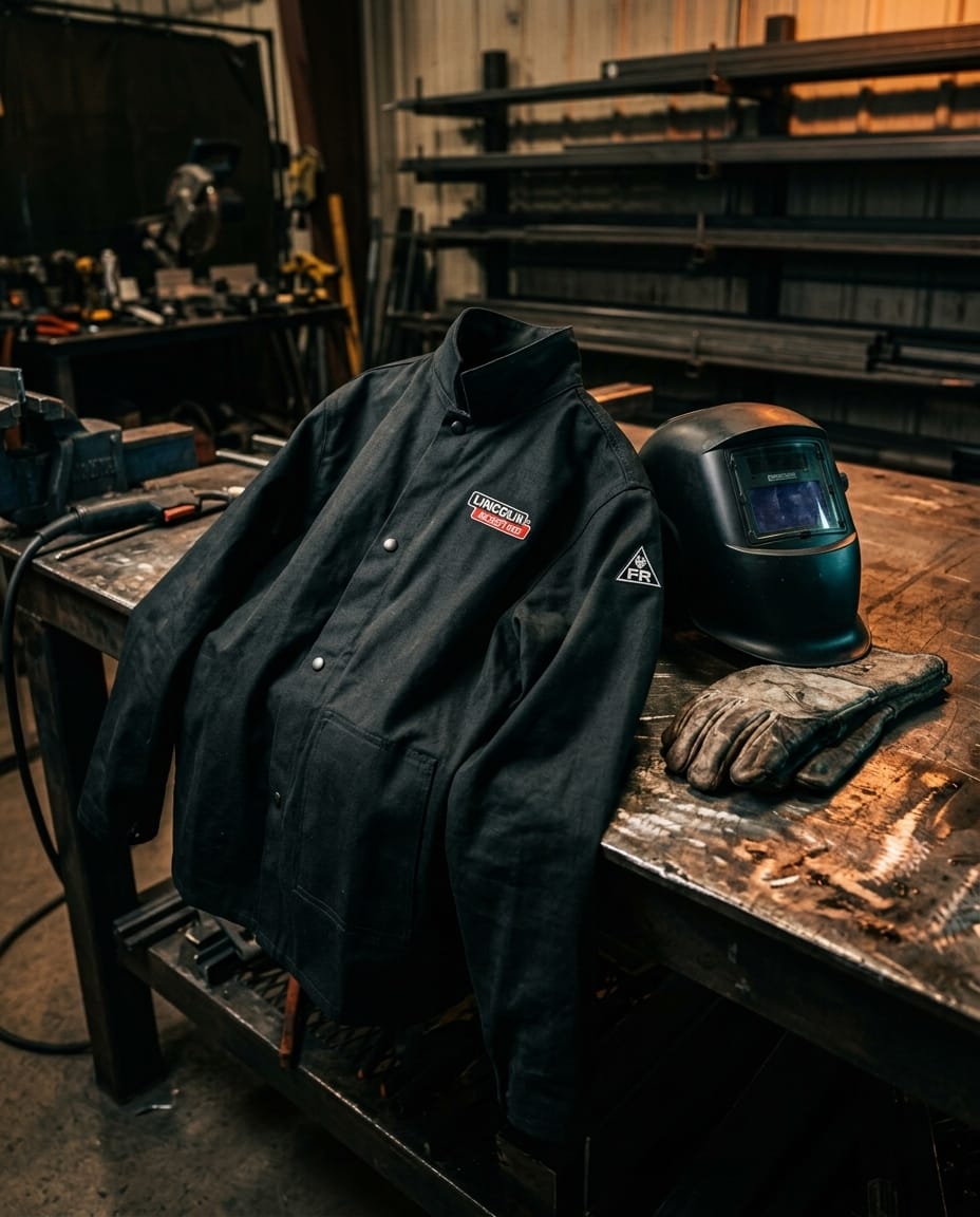 Lincoln black welding jacket with welding helmet and leather gloves on a metal workbench