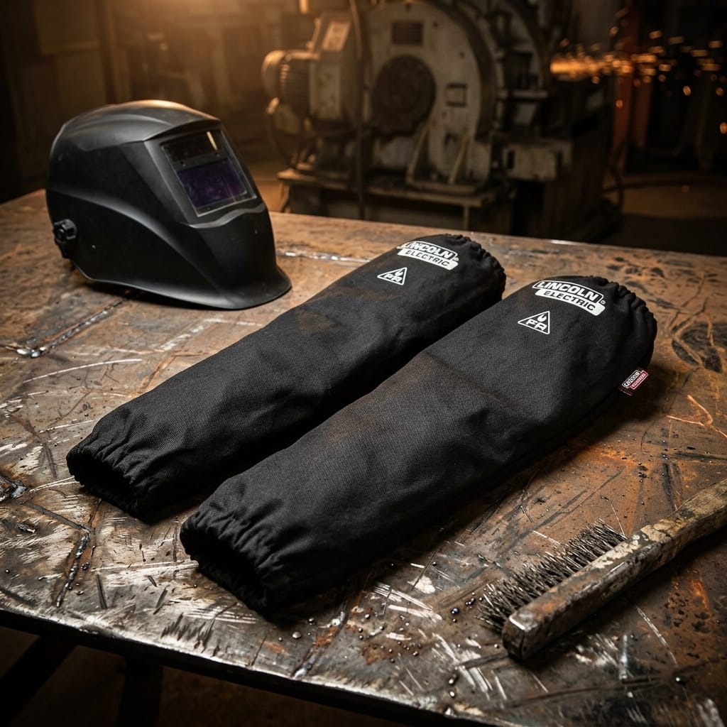 Lincoln Electric black flame resistant welding sleeves on a metal workbench with a welding helmet