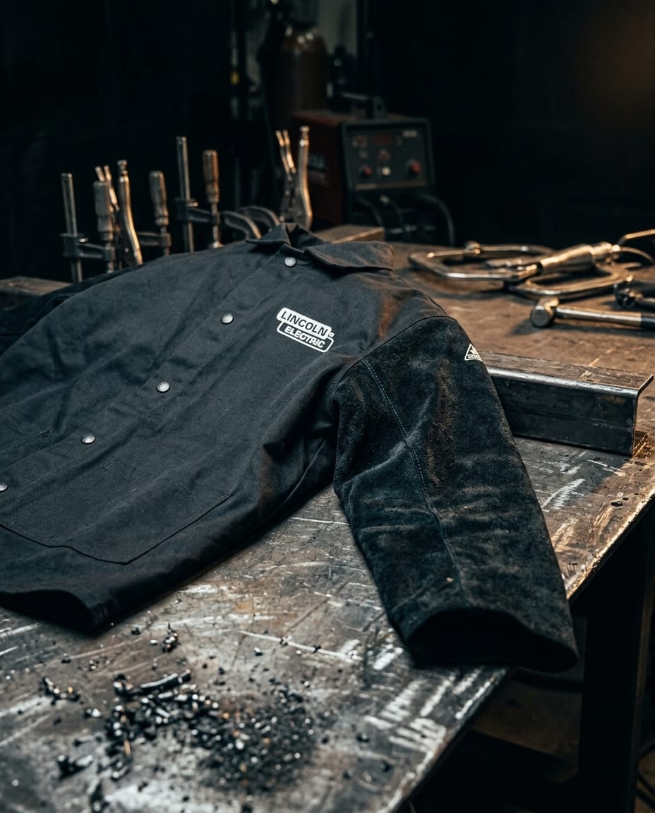 Lincoln Electric black welding jacket on a metal workbench