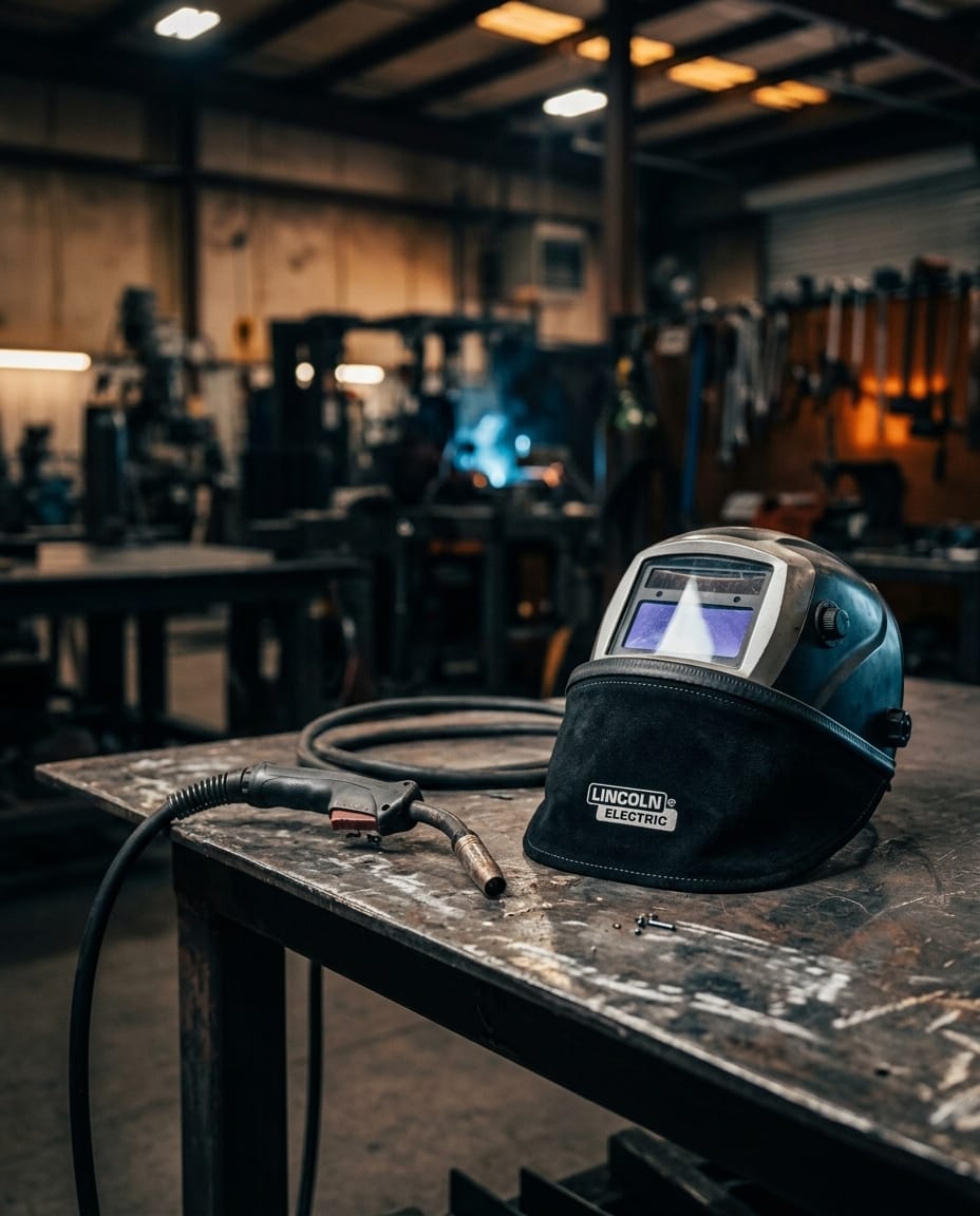 Lincoln Electric welding helmet and torch on a metal workbench in a workshop