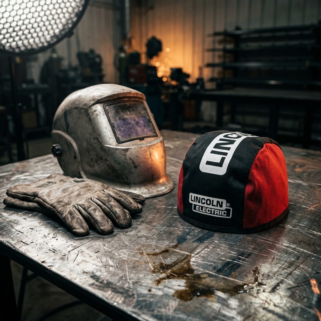 Lincoln Electric welding cap with welding helmet and leather gloves on a metal workbench