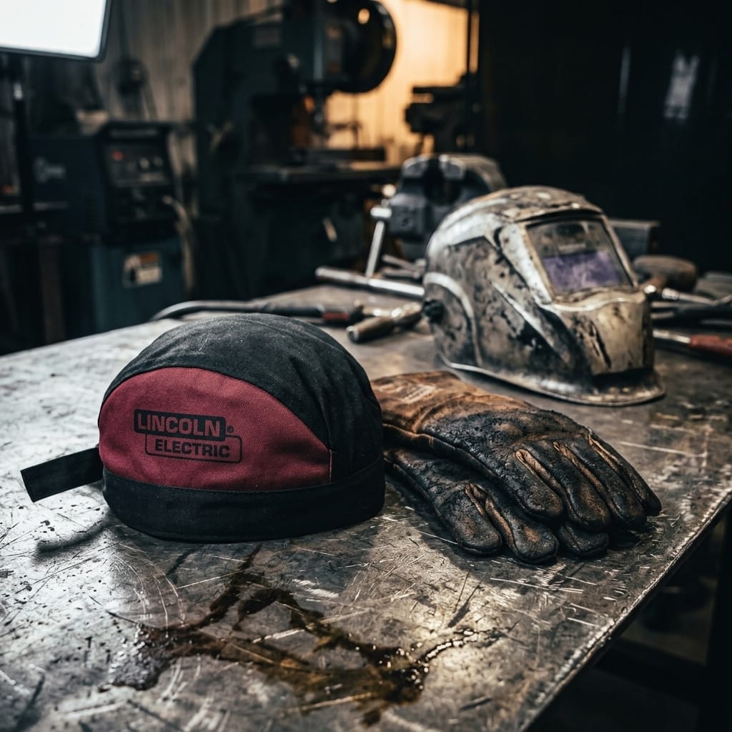 Lincoln Electric welding cap with leather gloves and welding helmet on a metal workbench