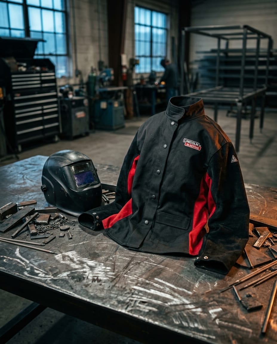 Lincoln Blackteig welding jacket and helmet on a metal workbench