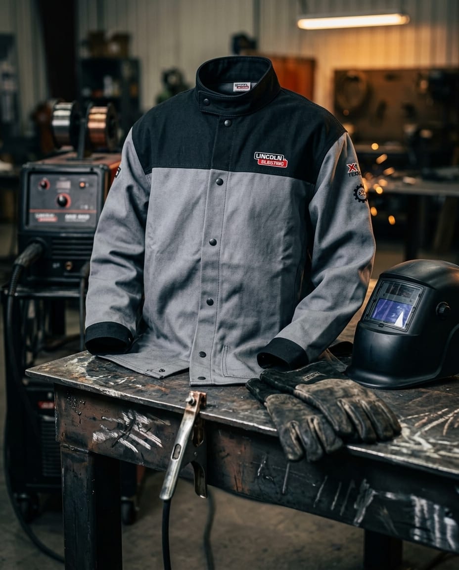 Lincoln black and grey welding jacket on a workbench with a welding helmet and gloves