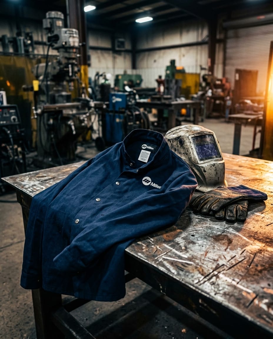 Miller welding jacket with helmet and gloves on a metal workbench