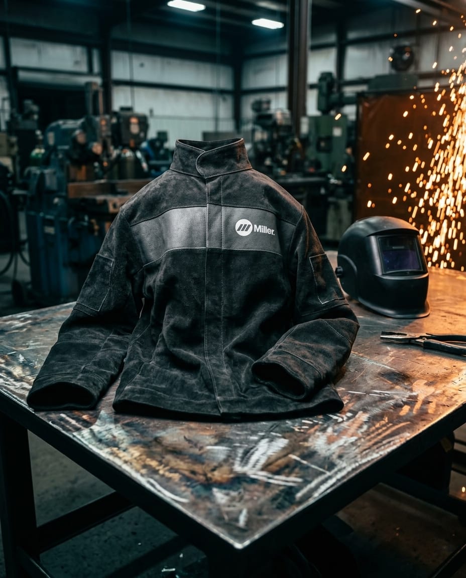 Miller black leather welding jacket on a metal workbench with a welding helmet