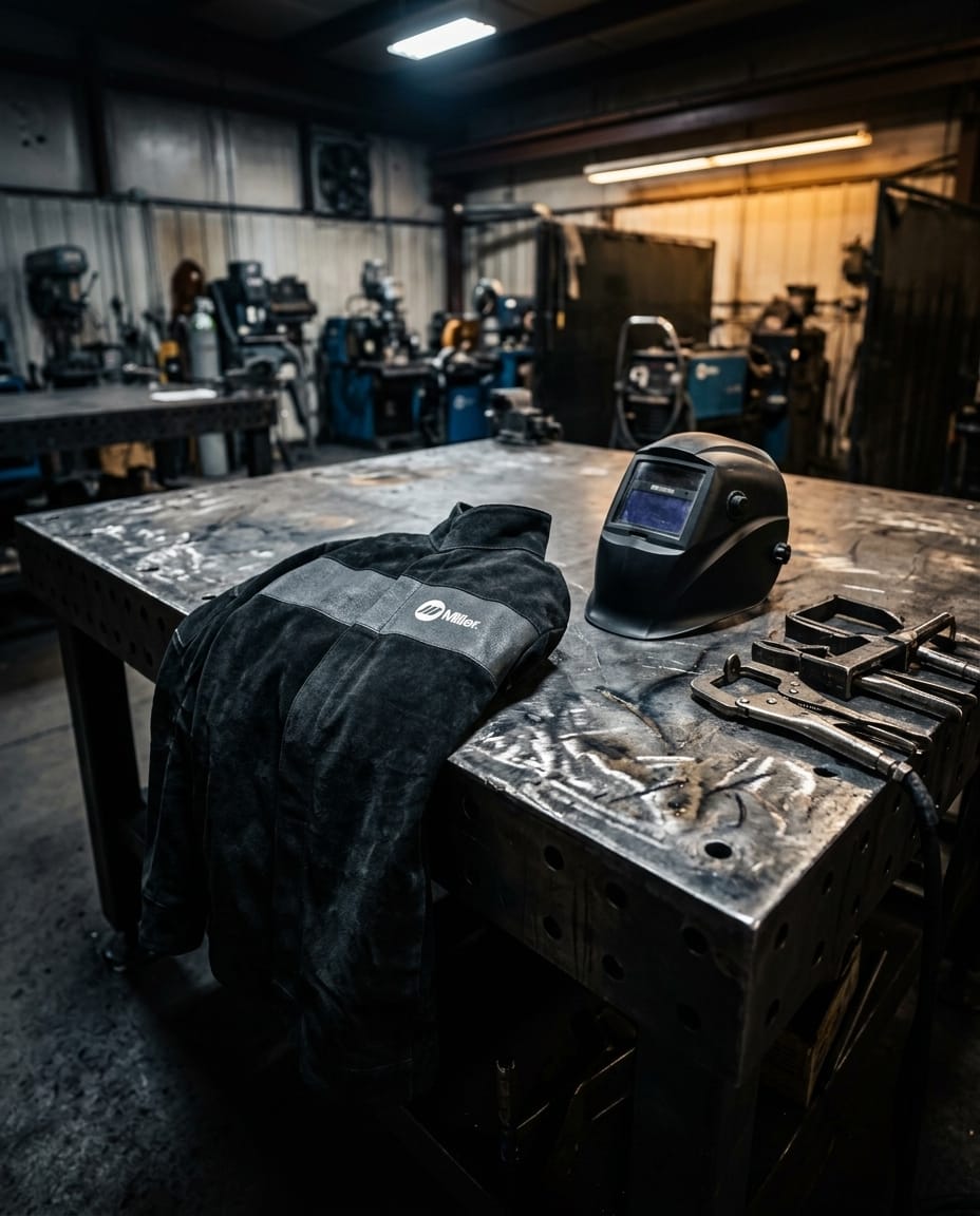 Miller welding jacket and helmet on a metal workbench in a workshop
