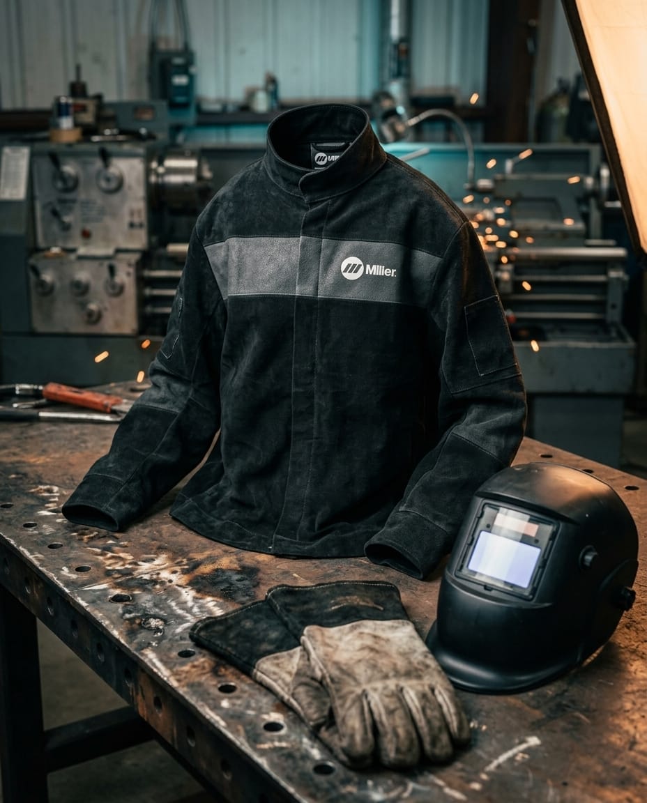 Miller black leather welding jacket with grey chest stripe on a workshop table with welding helmet and gloves