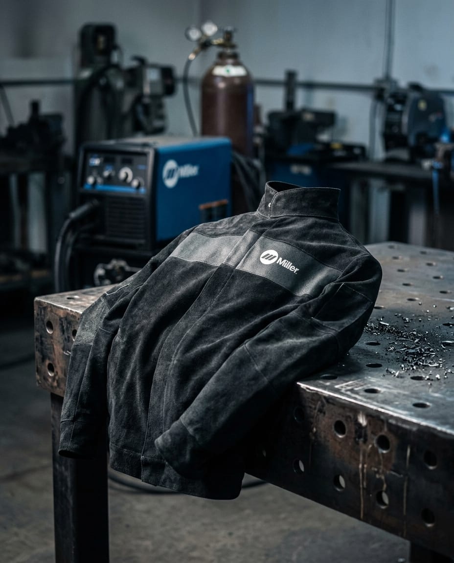 Black Miller leather welding jacket on a metal workbench