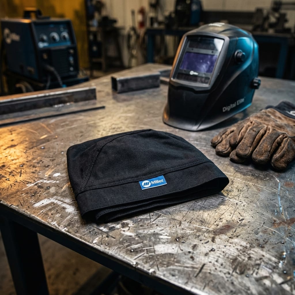 Black Miller welding beanie on a metal workbench with welding helmet and gloves