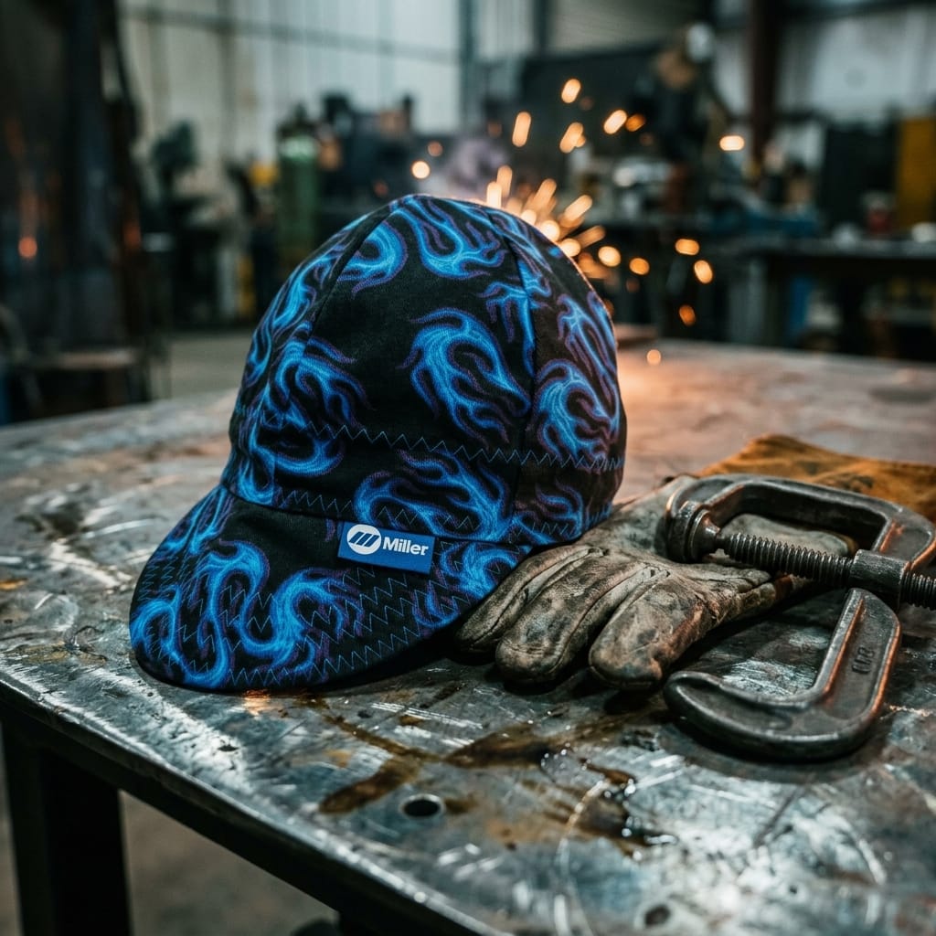 Miller welding cap with blue flame pattern on a metal workbench with leather gloves and a C-clamp