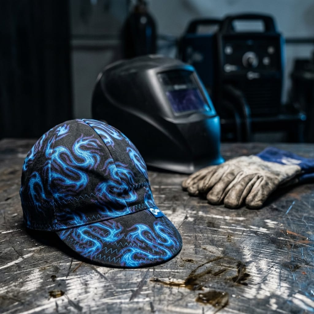 Miller welding cap with blue flame pattern on a metal workbench with a welding helmet and gloves
