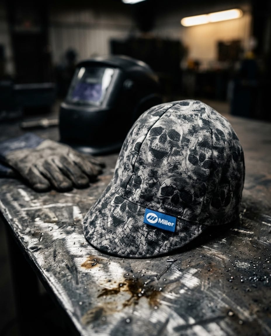 Miller skull print welding cap on a workbench with welding helmet and gloves