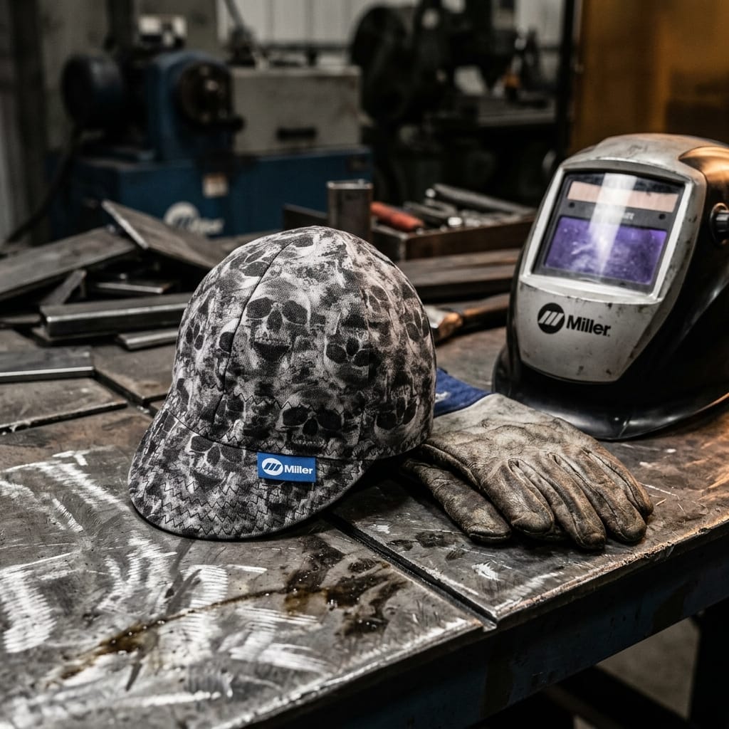Miller skull print welding cap next to welding gloves and a Miller welding helmet on a metal workbench