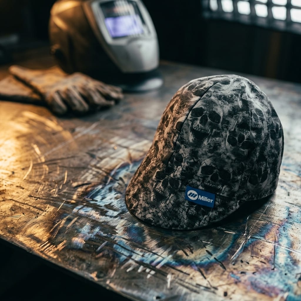 Miller welding cap with skull pattern on a metal workbench