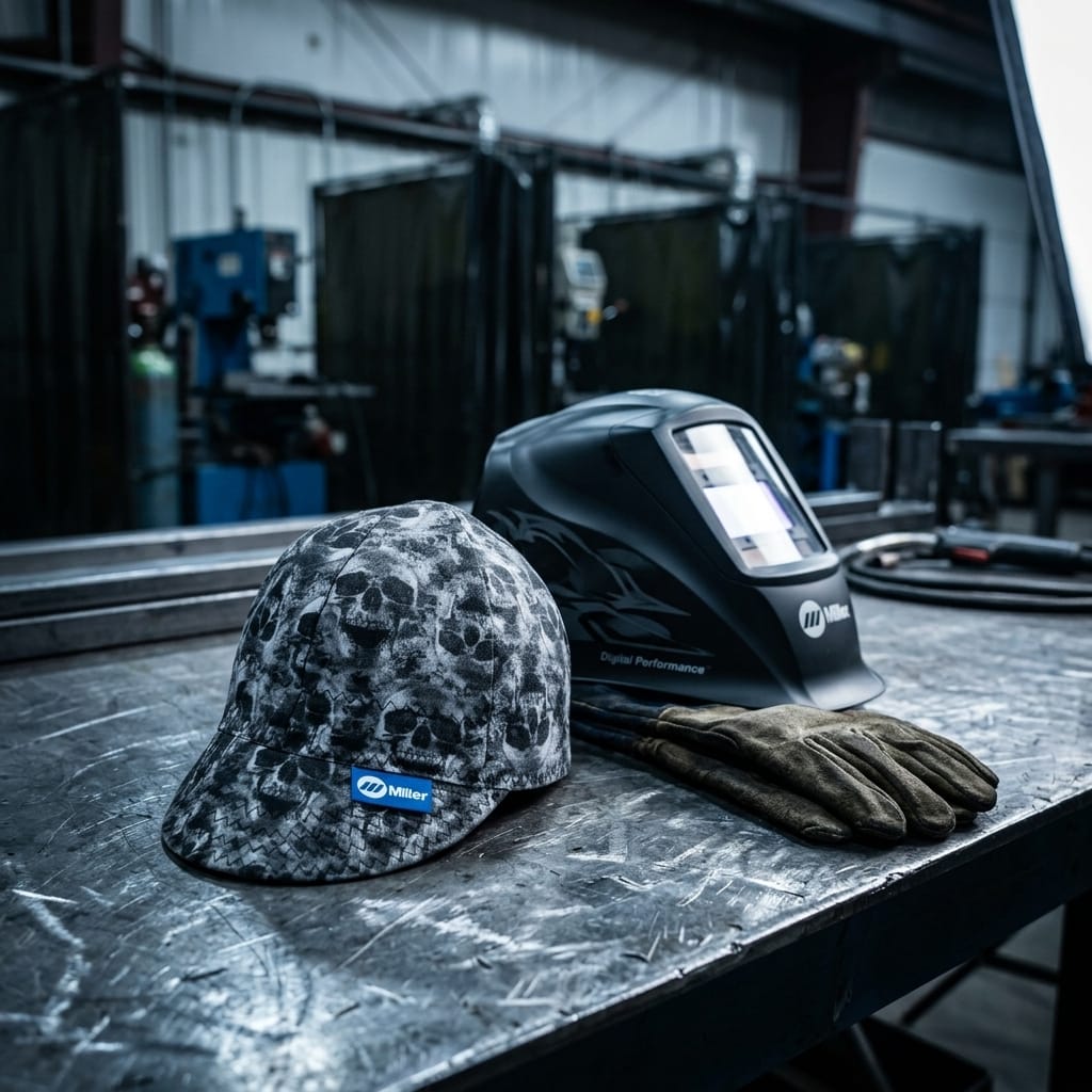 Miller welding cap with skull pattern next to a welding helmet and gloves on a metal workbench