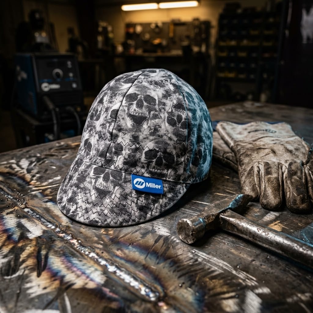 Miller skull print welding cap on a metal workbench with gloves and a hammer