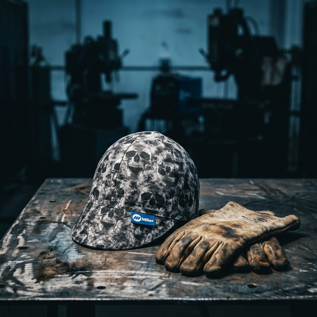 Miller welding cap with skull pattern and leather welding gloves on a metal workbench