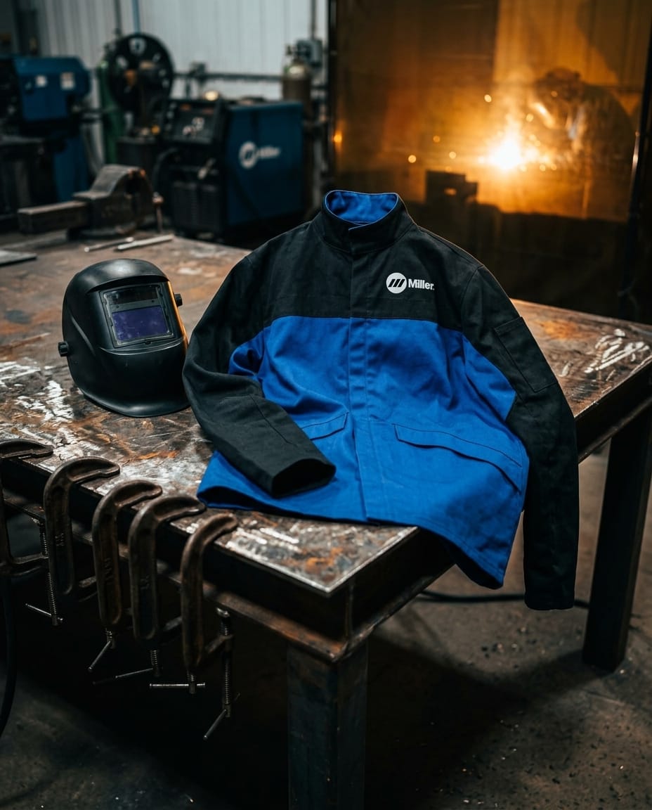 Miller welding jacket and helmet on a metal workbench