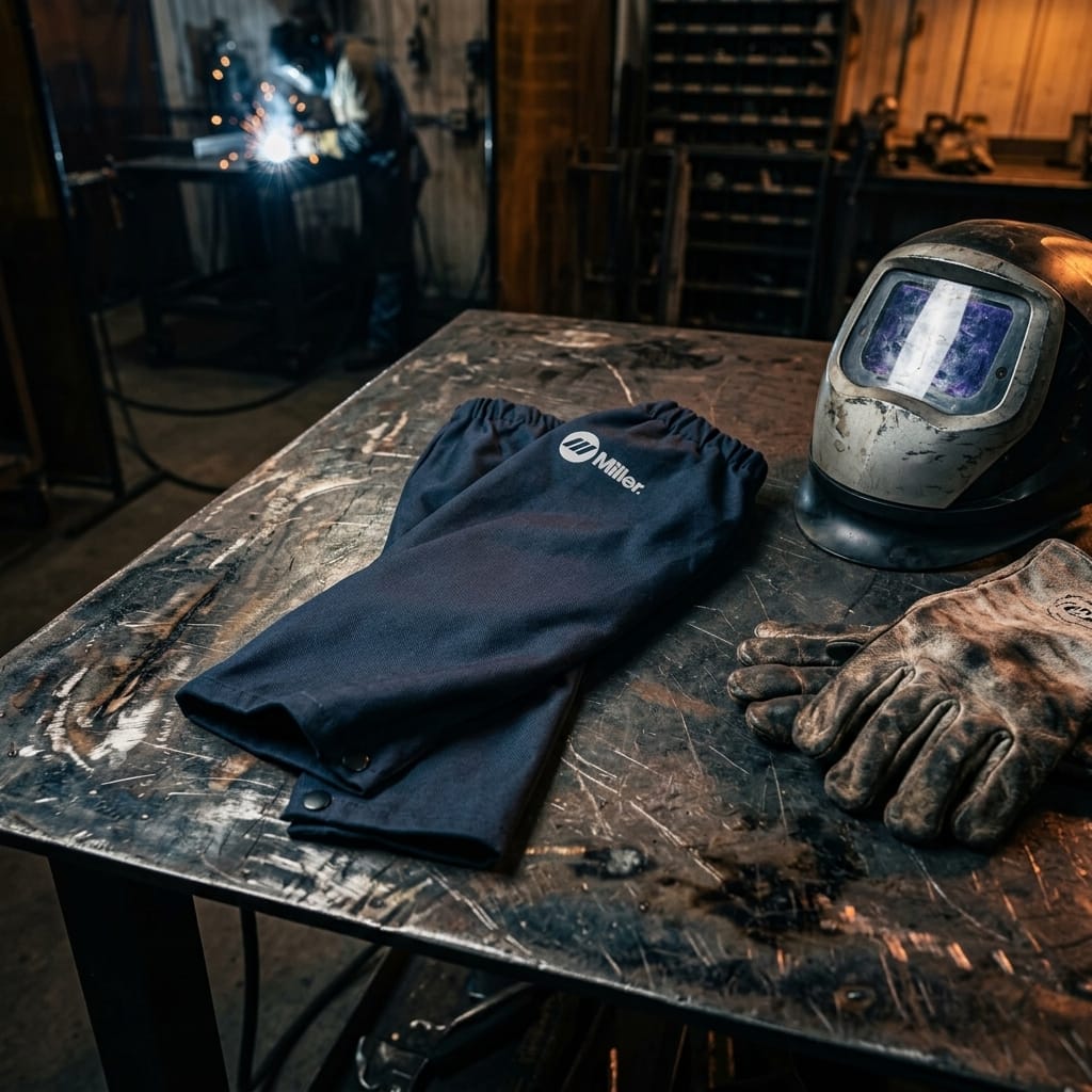 Miller welding sleeves with helmet and leather gloves on a metal workbench