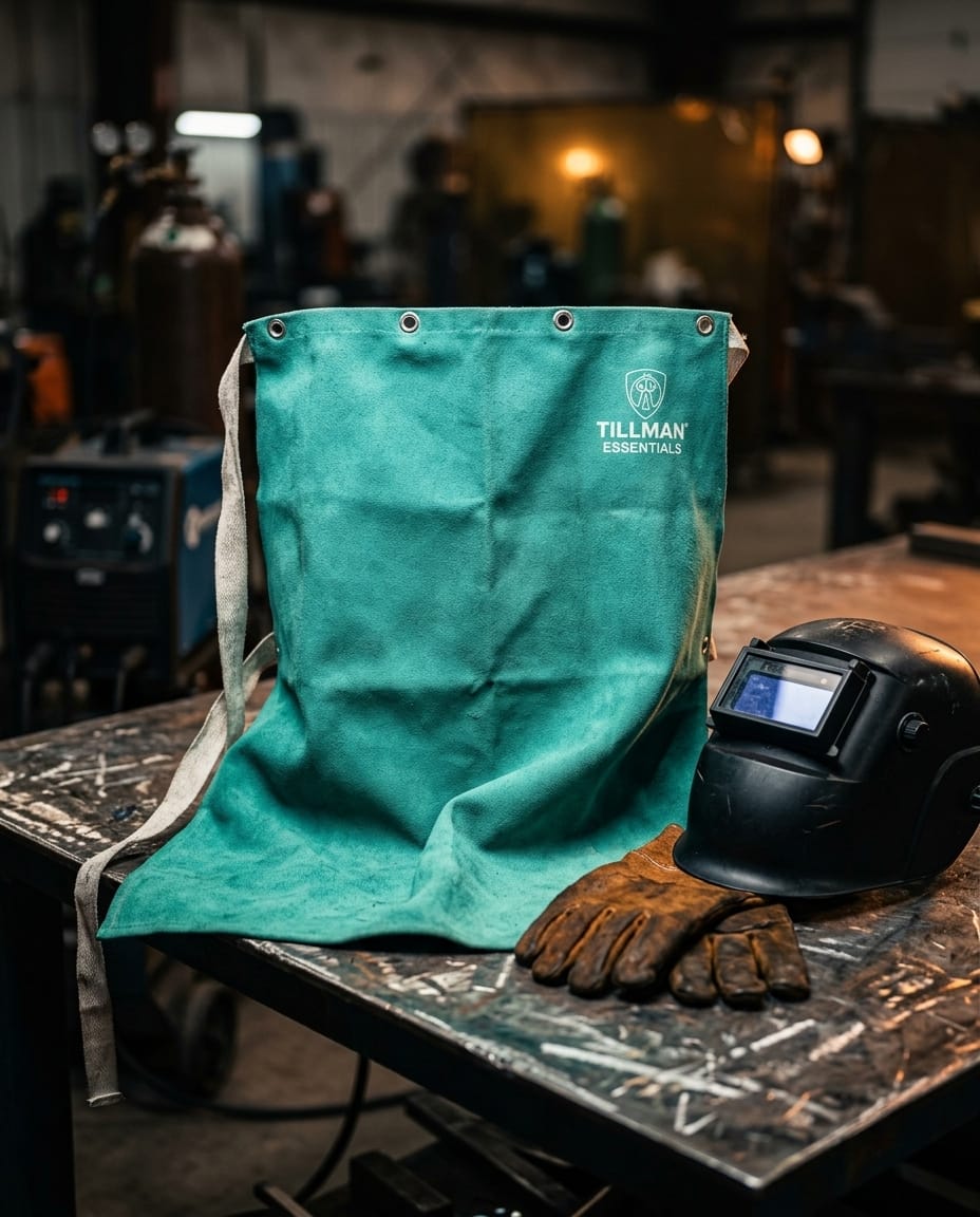 Tillman teal welding apron with welding helmet and leather gloves on a workbench