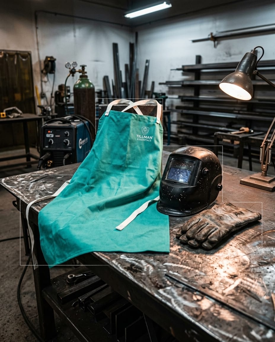 Tillman green welding apron with welding helmet and leather gloves on a metal workbench