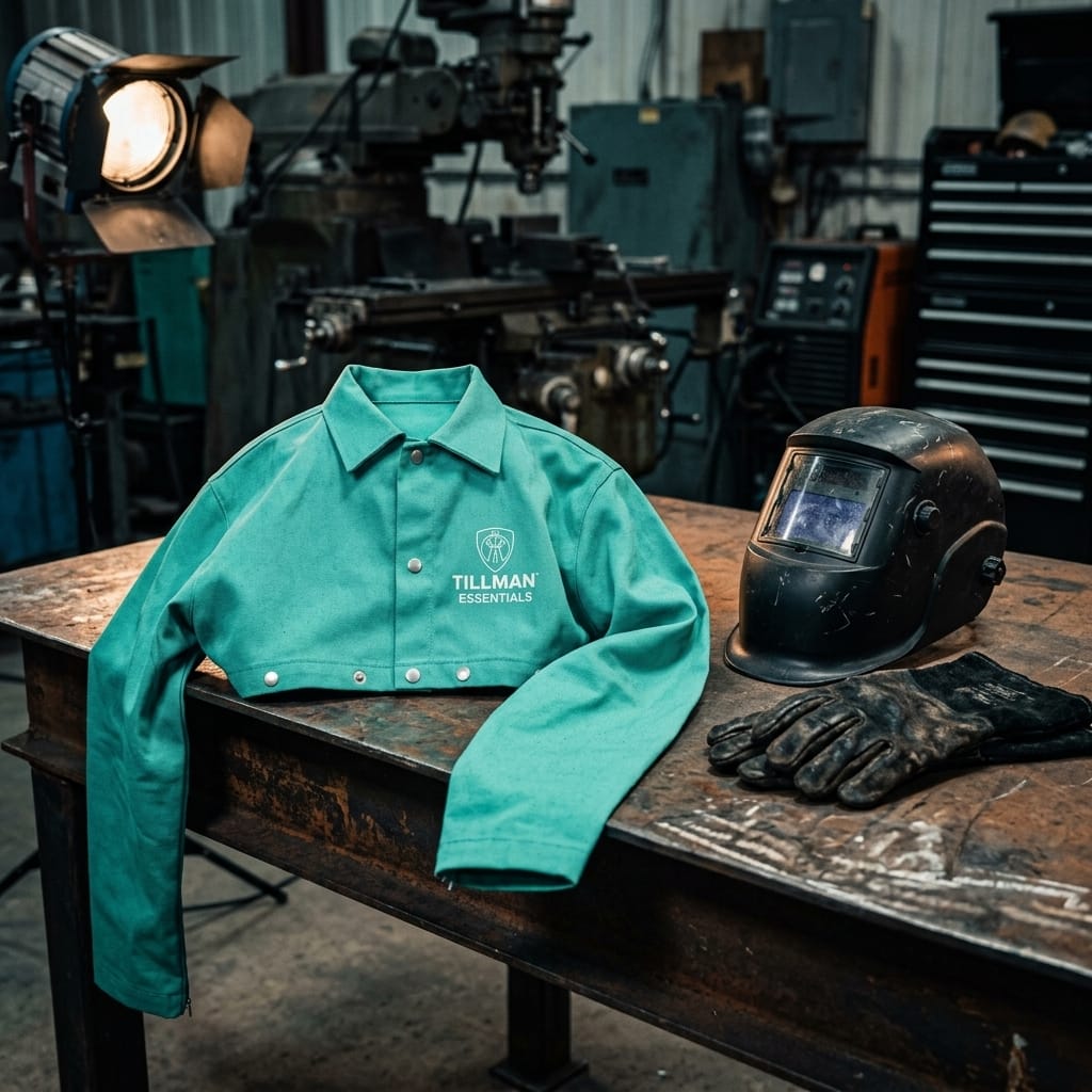 Tillman Essentials teal welding jacket with welding helmet and gloves on a metal workbench