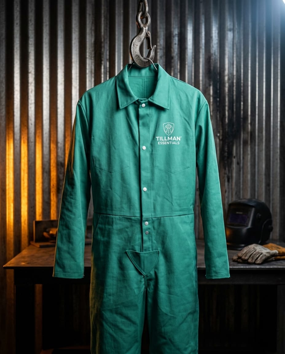 Green Tillman Essentials coveralls hanging from a metal hook