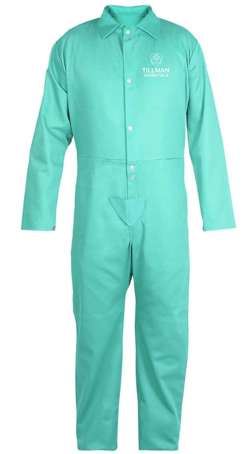 Tillman Essentials green cotton coveralls with button front closure