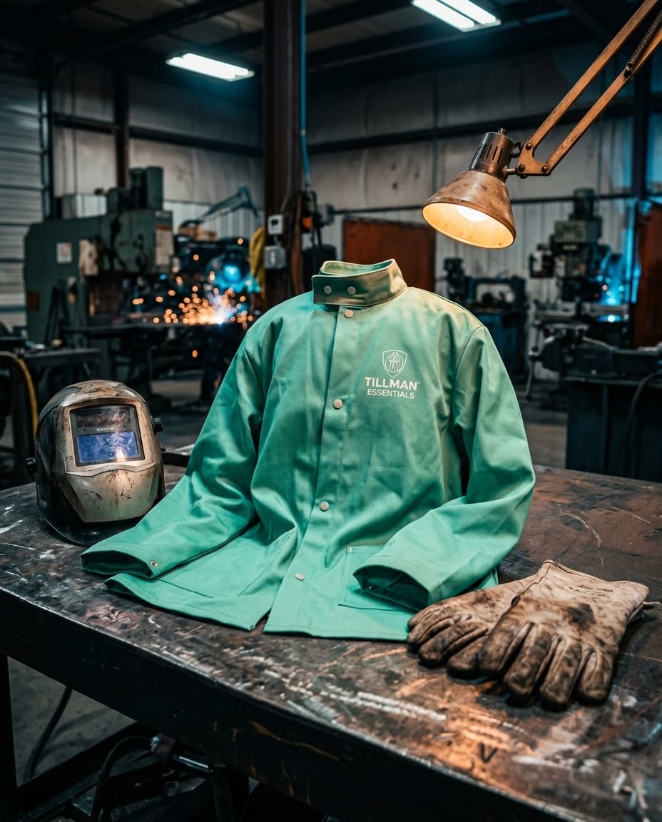 Tillman Essentials green welding jacket with welding helmet and leather gloves on a workbench