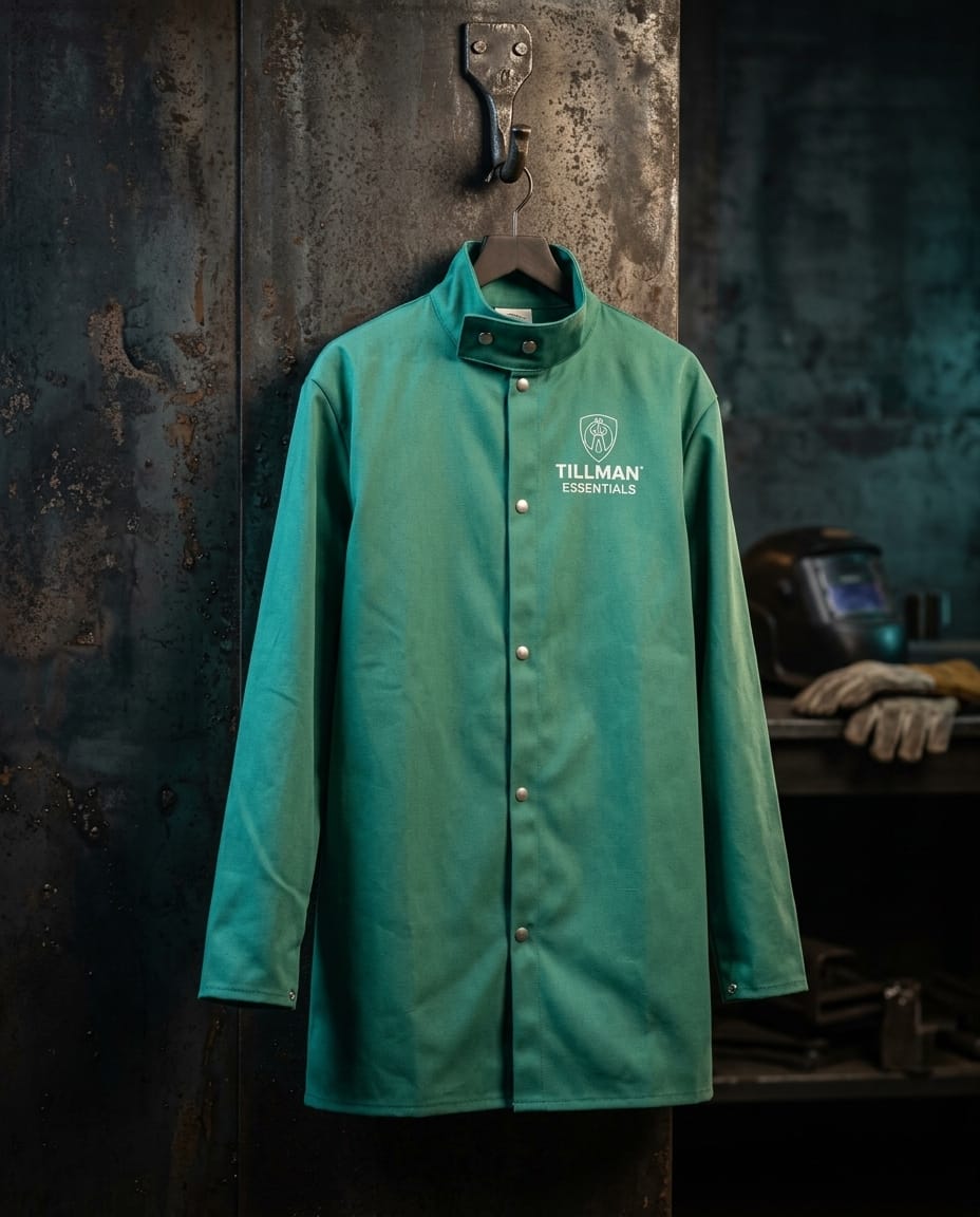 Tillman Essentials green welding jacket hanging on a hook