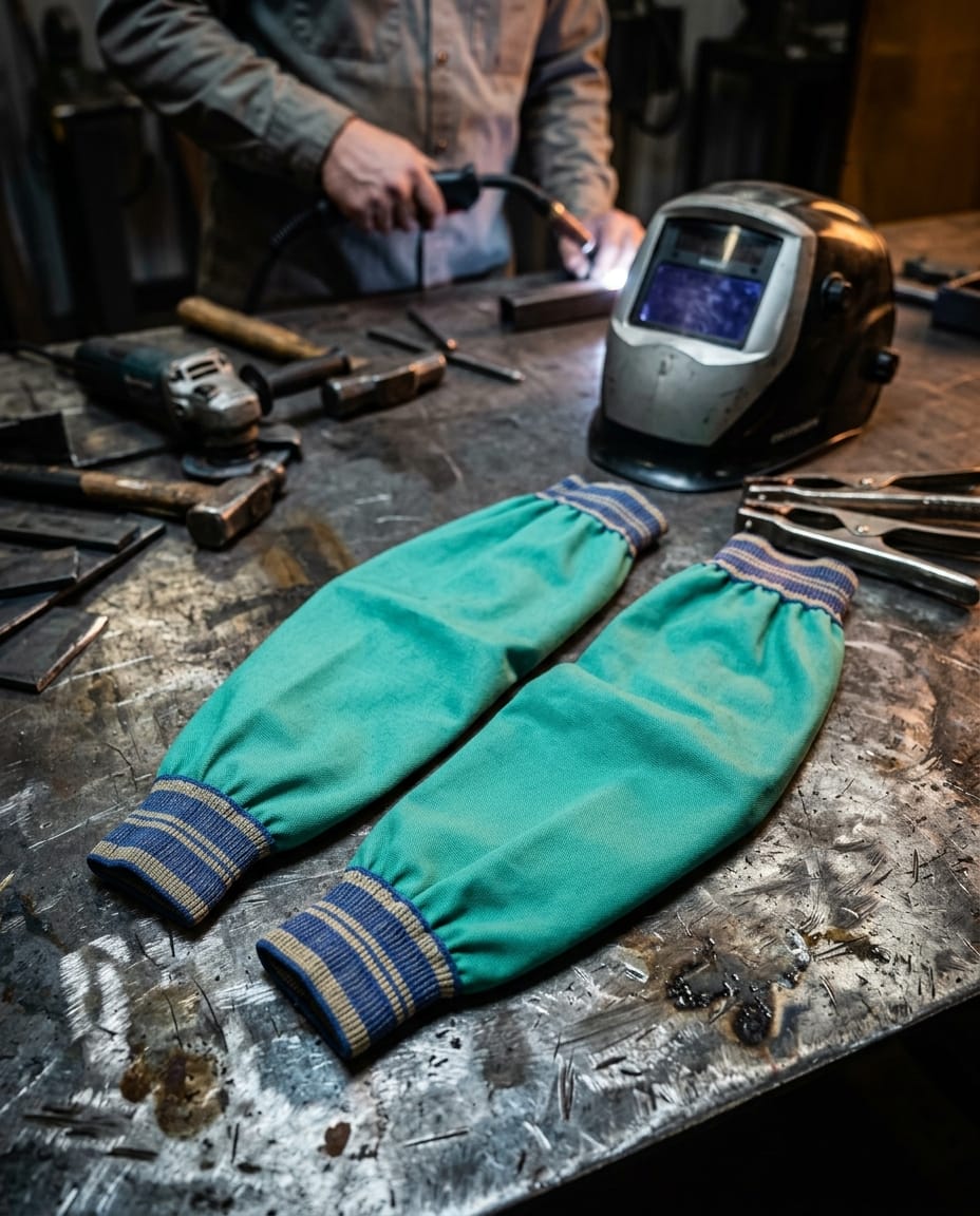Tillman green protective welding sleeves on a metal workbench