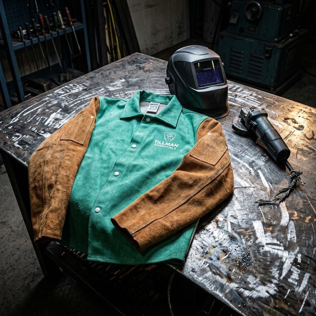 Tillman welding jacket with green body and brown leather sleeves on a metal workbench with a welding helmet and grinder