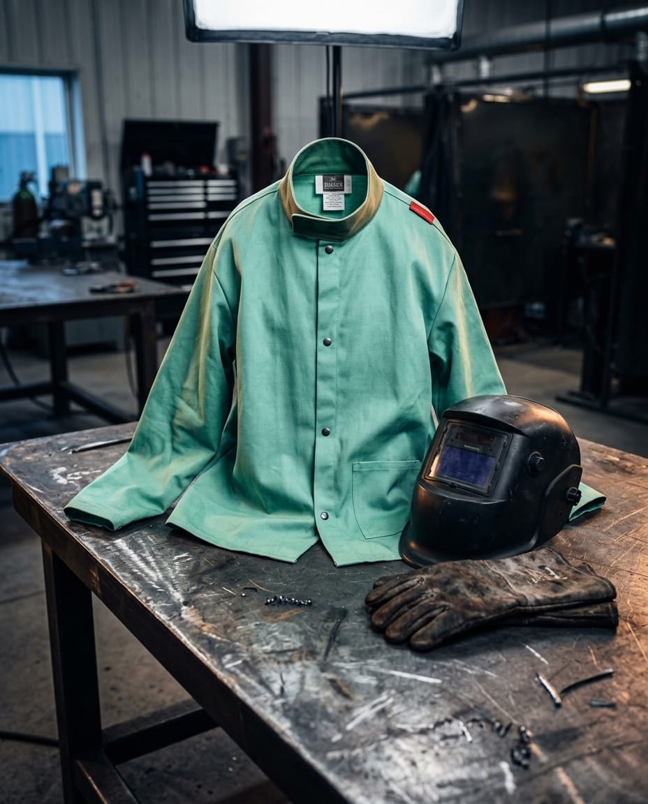 Tillman green welding jacket with welding helmet and leather gloves on a metal workbench