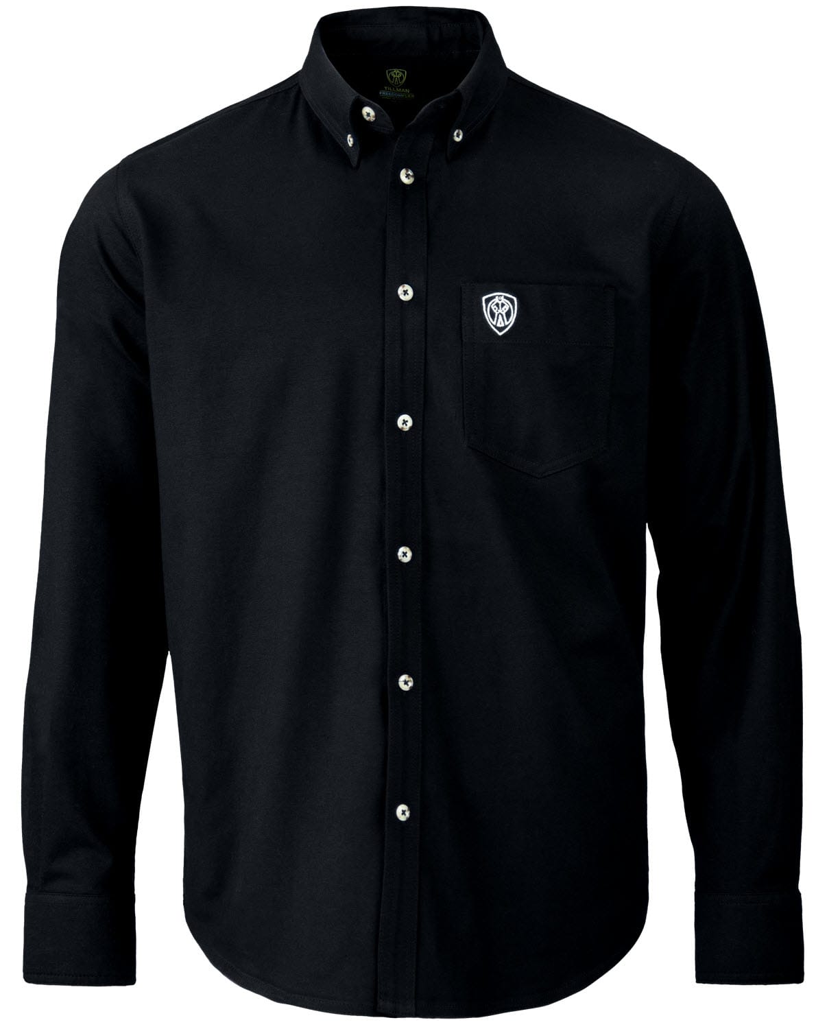 Tillman black long sleeve button down shirt with chest pocket and logo
