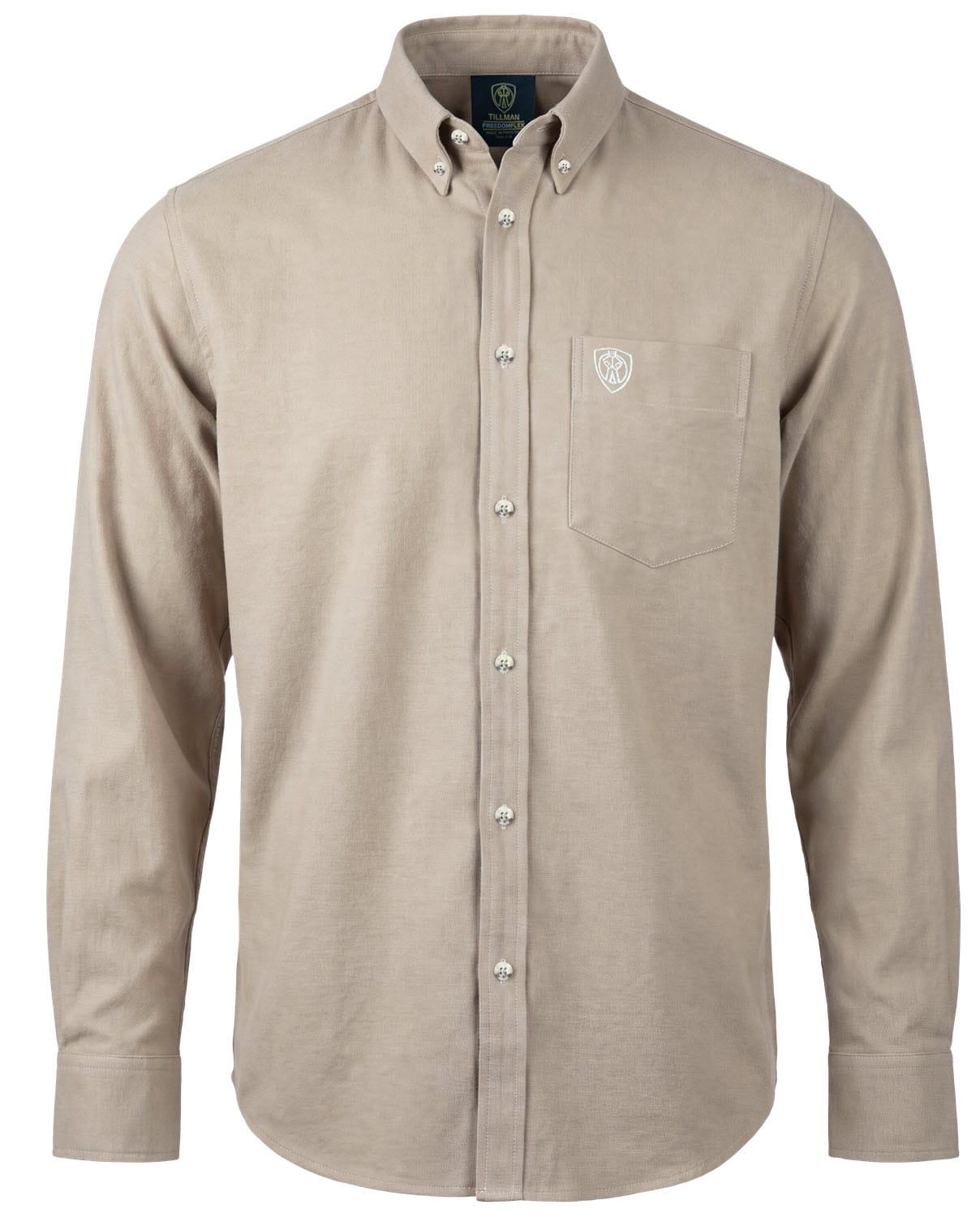 Tillman tan long sleeve button down shirt with chest pocket and embroidered logo