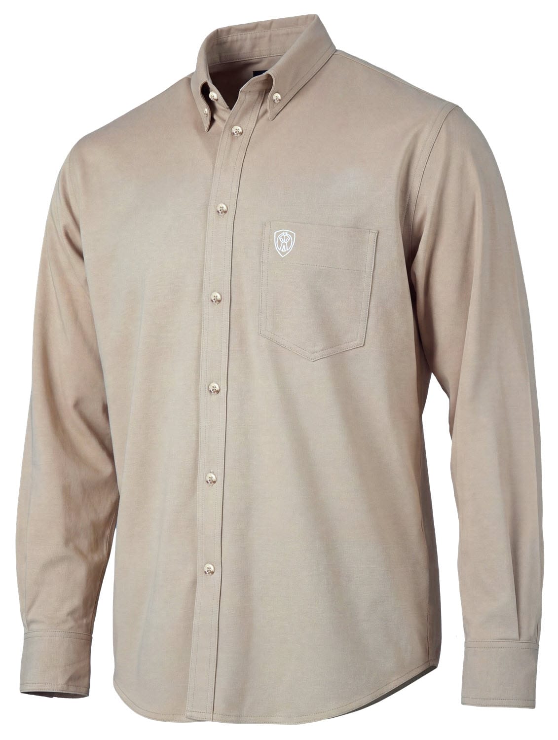 Tillman tan long sleeve button down shirt with chest pocket and logo