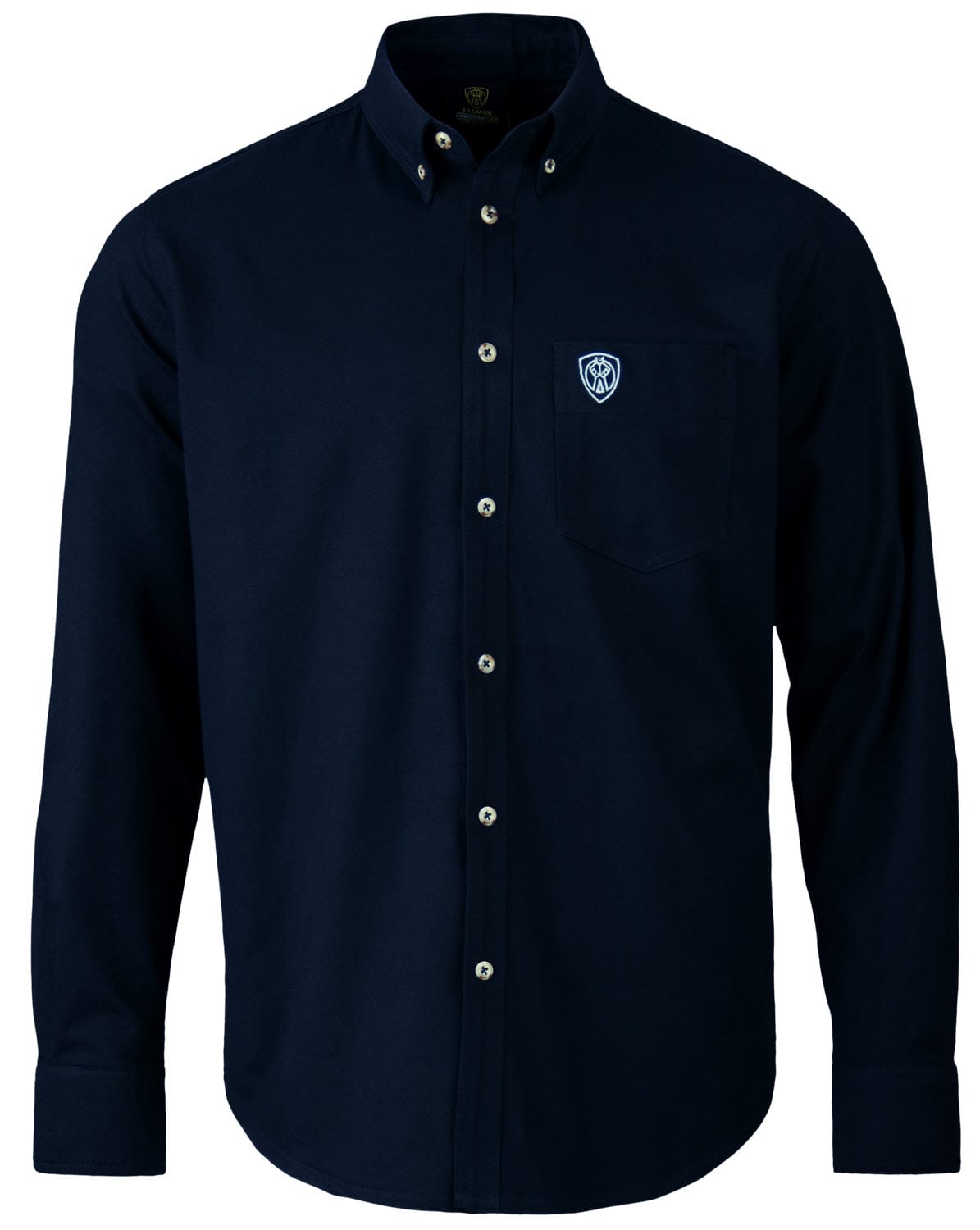 Tillman navy blue long sleeve button down shirt with chest pocket and logo
