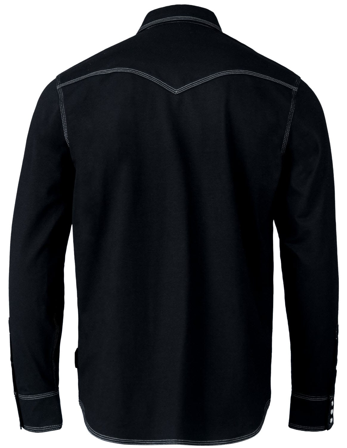 Back view of a black Tillman long sleeve work shirt with white contrast stitching