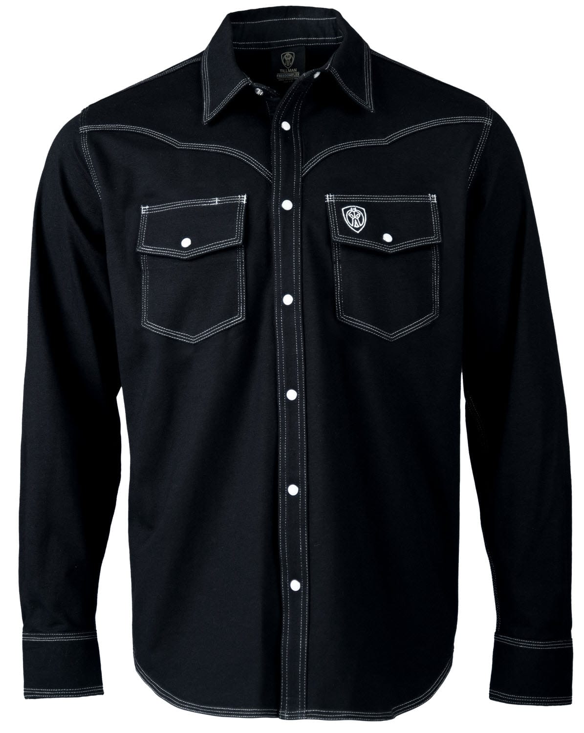 Tillman black long sleeve western style shirt with white contrast stitching and two chest pockets