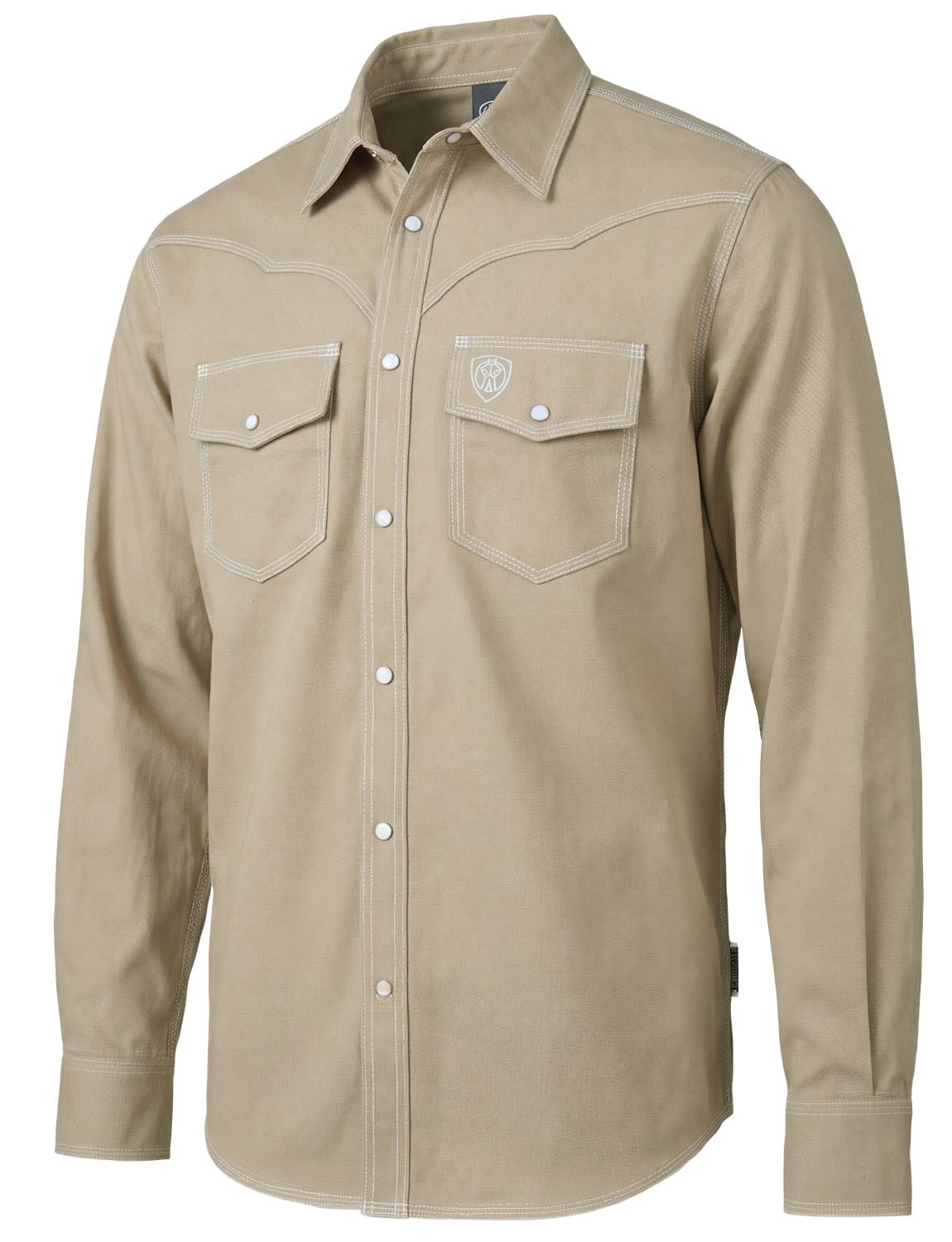 Tillman tan long sleeve button down work shirt with two chest pockets and white contrast stitching