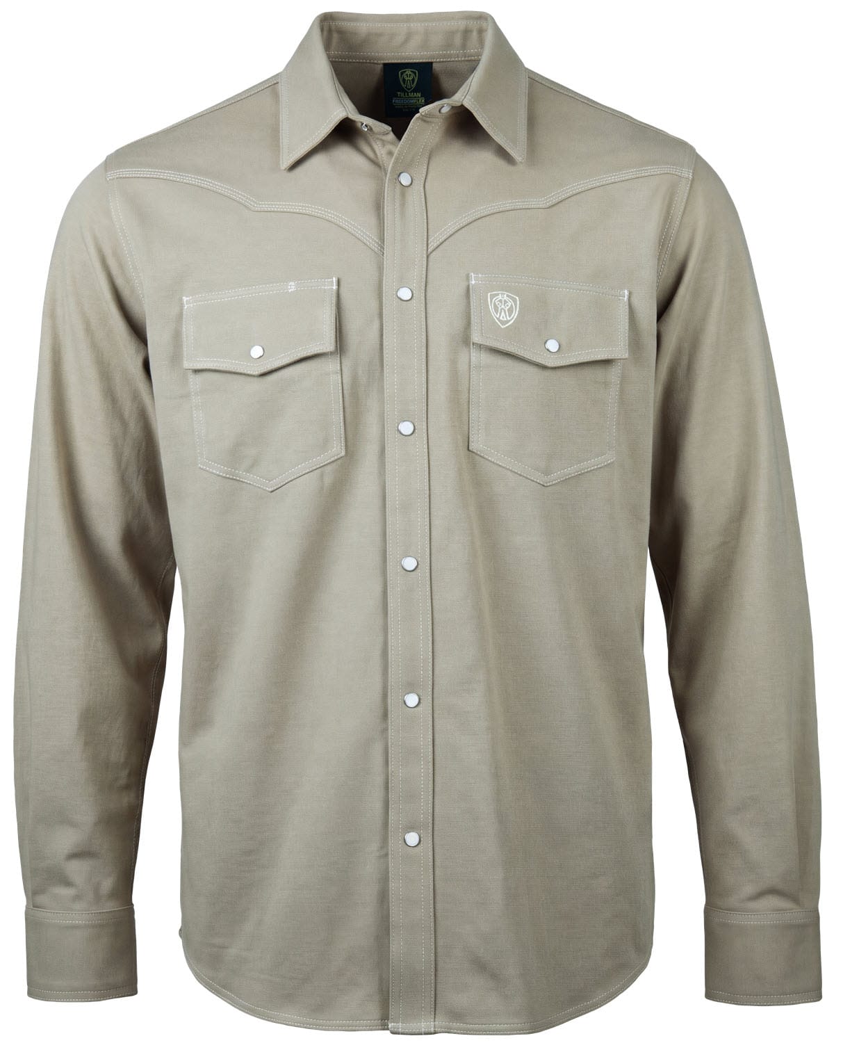 Tillman tan long sleeve button down western shirt with two chest pockets and white snap buttons