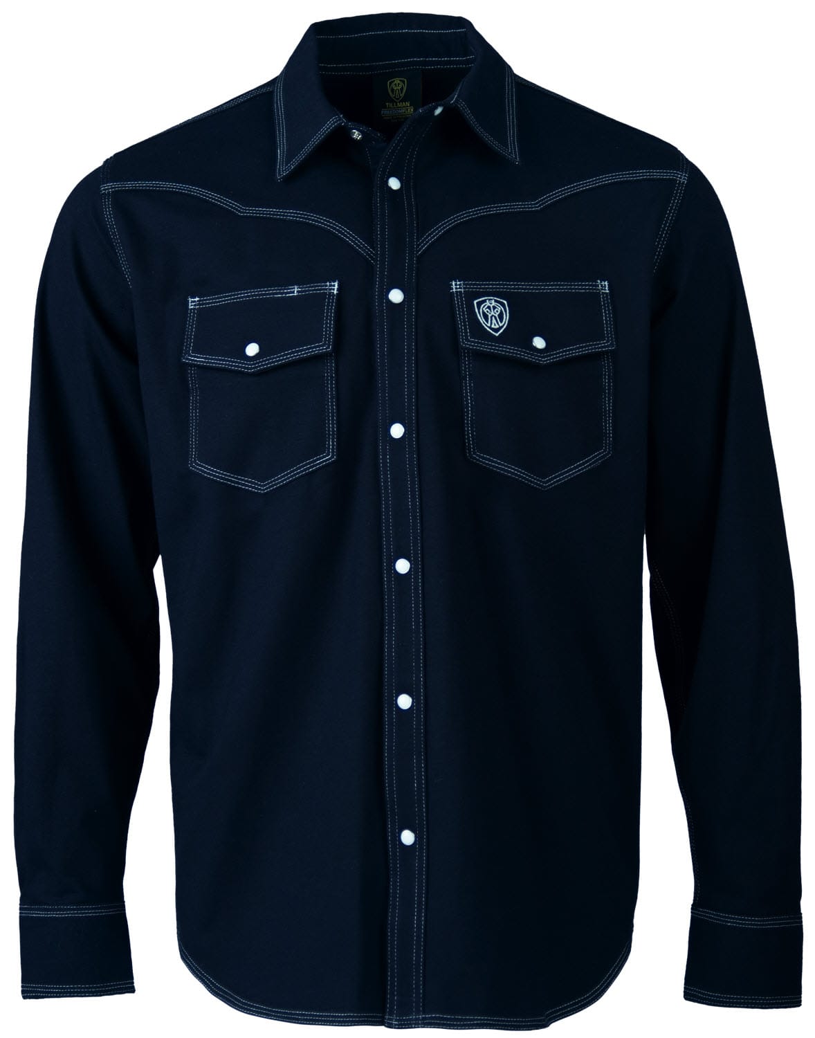 Tillman navy blue long sleeve western shirt with white contrast stitching and snap buttons
