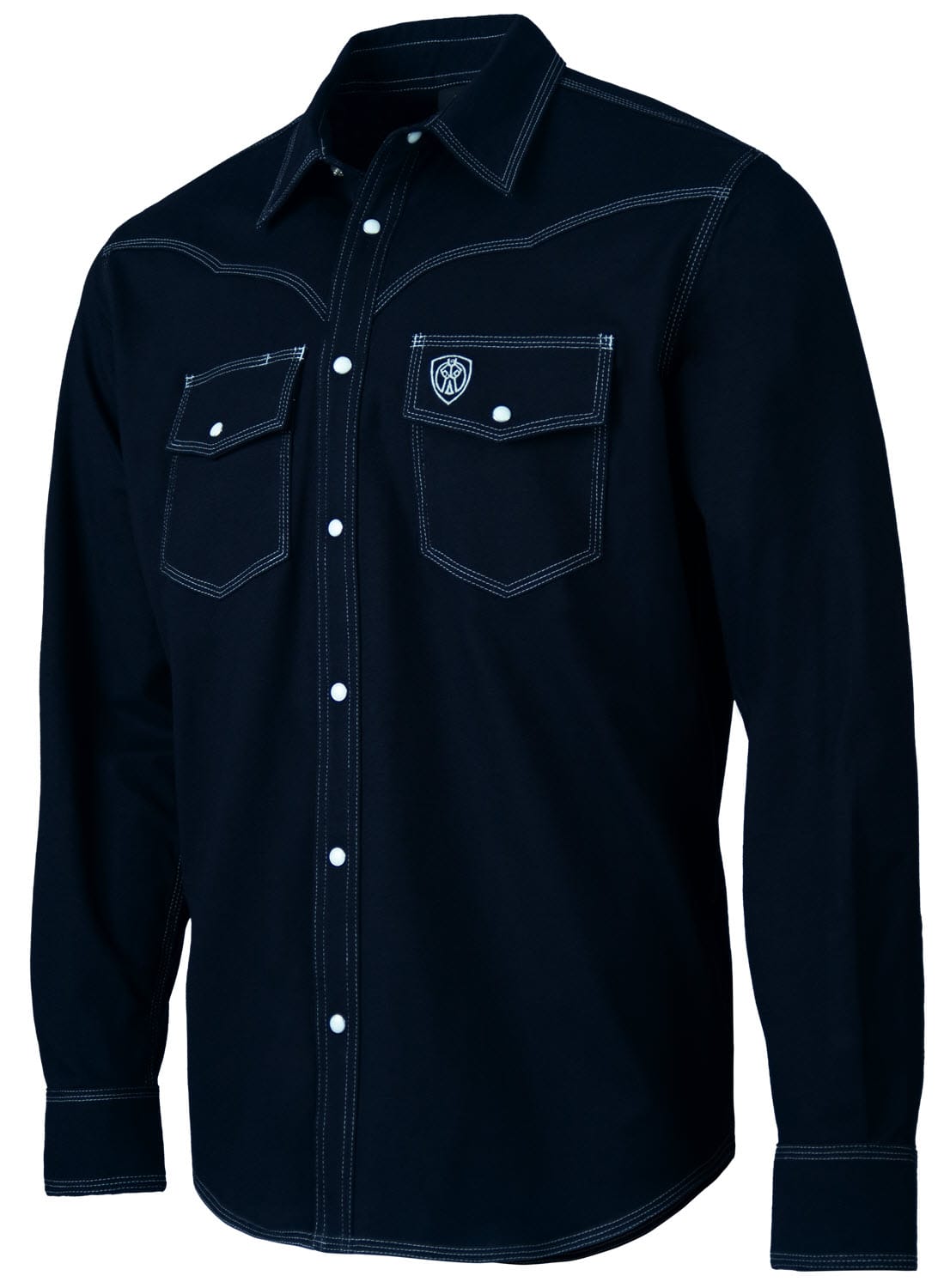 Tillman navy blue long sleeve button down shirt with white contrast stitching and two chest pockets
