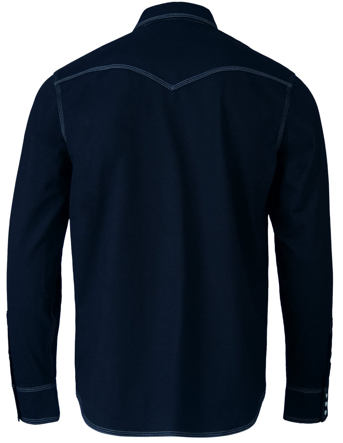 Back view of a navy blue Tillman long sleeve western shirt with white contrast stitching