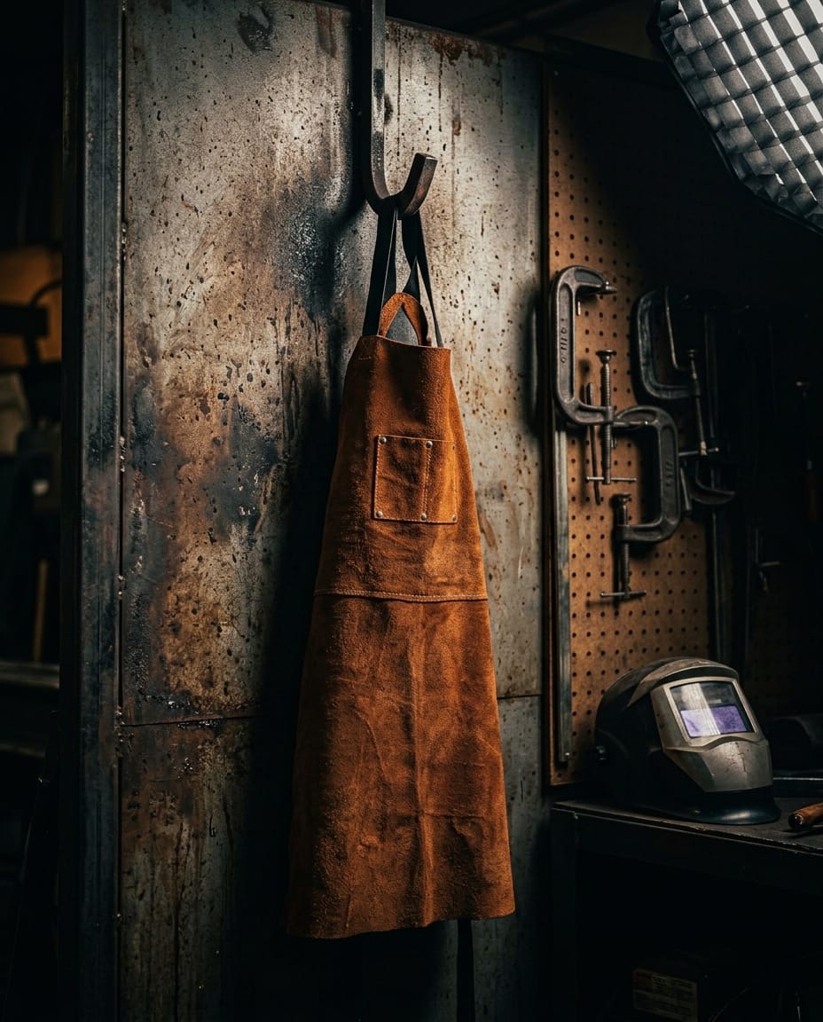 Tillman brown leather welding apron hanging on a metal wall hook in a workshop