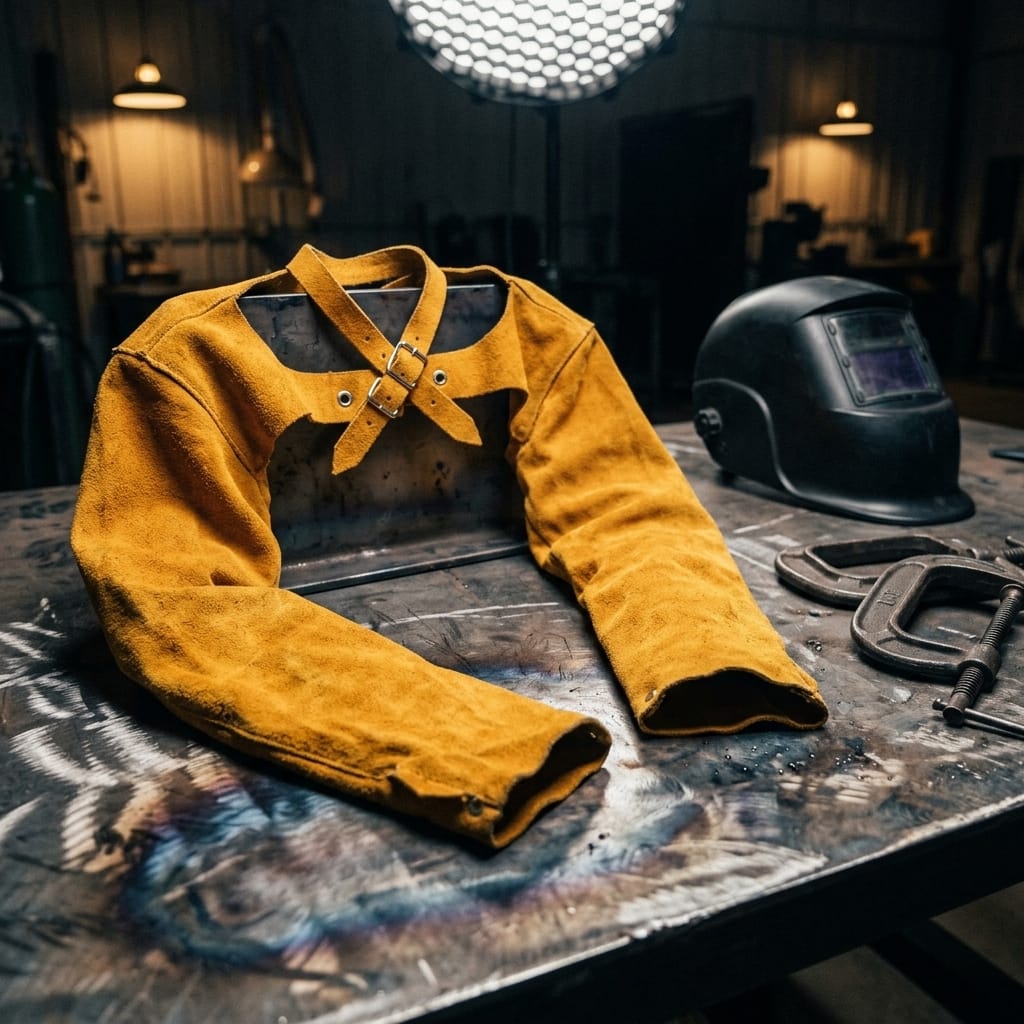 Tillman yellow leather welding cape sleeves on a metal workbench