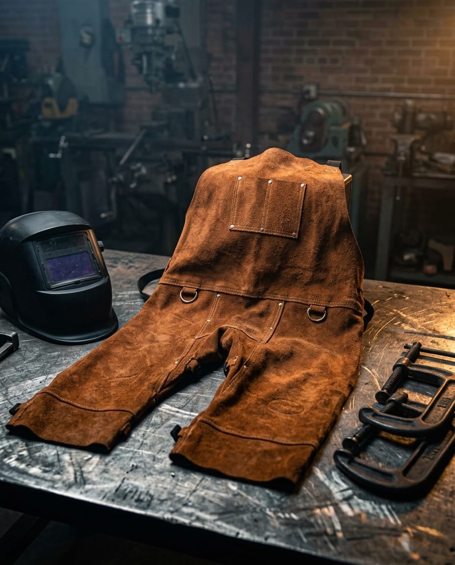 Tillman brown leather welding chaps with pockets and metal rings on a metal workbench