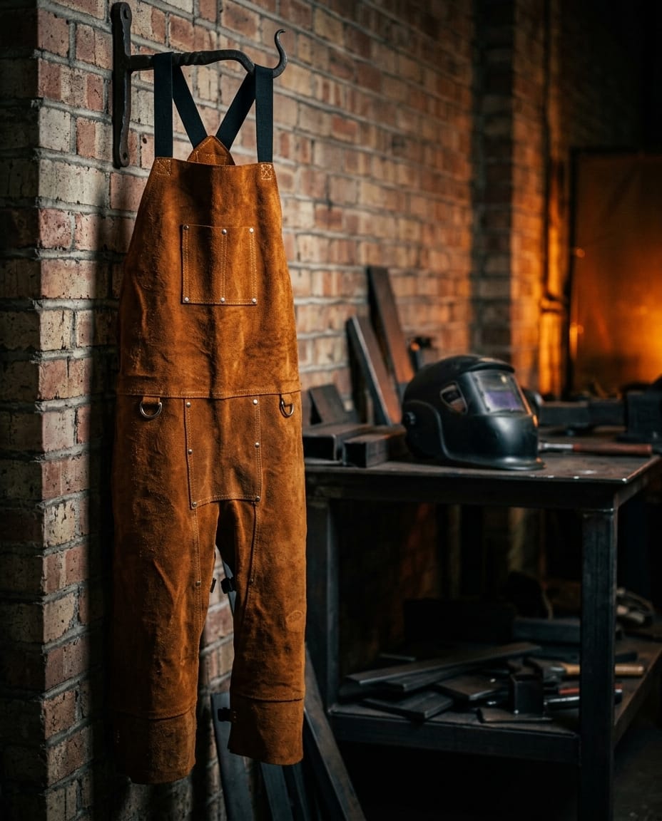 Tillman brown leather welding chaps hanging on a brick wall in a workshop